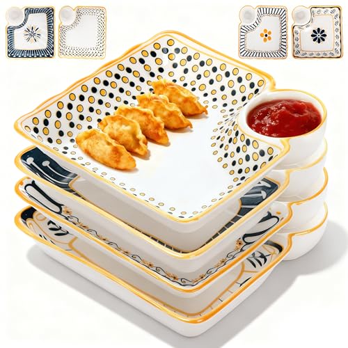 Noamus 4 Pack Dumpling Plate with Dipping Saucer, 7.5" Ceramic Japanese Sushi Platter, Colorful Square Serving Plate with Dish for Home Kitchen, Snack Dessert Salad Fries Fruit Gyoza