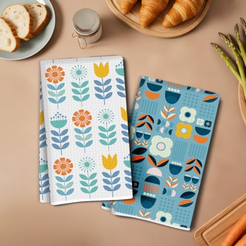 2 Pcs Floral Kitchen Towels 14x24 Inch, Vintage Minimalism Absorbent Microfiber Decorative Dish Cloth Tea Towel, Waffle Hand Towels for Home Kitchen Bathroom, Housewarming Gifts for Women Friend - color: Lcs Multicolor 02584