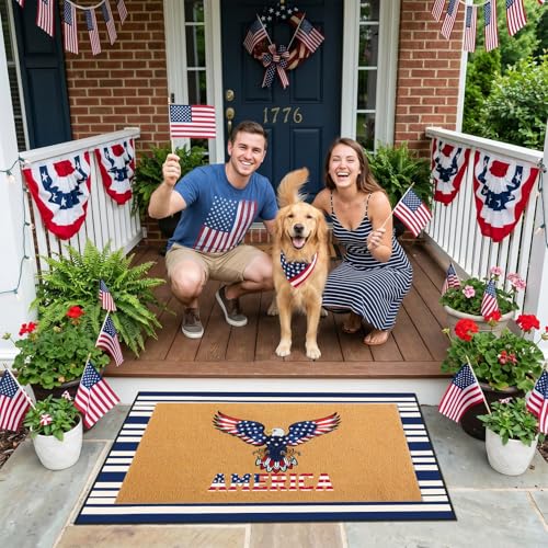 Timgle 2 Pcs Eagle Patriotic Doormat Set America Flag Veterans Day Outdoor Rug and Navy White Striped Area Rug Non-Slip Welcome Front Mat for Memorial Day Home Decor - style: Bald Eagle