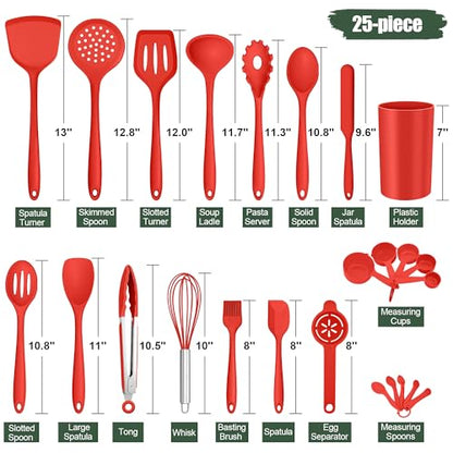 E-far Silicone Cooking Utensils Set, 25 Piece Kitchen Utensils with Holder, Non Toxic Kitchen Tools Spatula, Turner, Spoon, Ladle for Nonstick Cookware, Heat Resistant & Dishwasher Safe - Red - color: Red