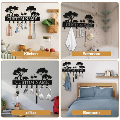 Personalized Key Holder Wall Mounted, Africa Animal Key Holder for Wall, Coat Hook Key Rack Wall Mount, Metal Cabin Key Hooks, Key Hooks Organizer for Home, Entryway, Hallway, Office - color: 01 Africa Animals