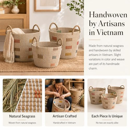 Natural Seagrass Storage Baskets Set of 3 with Handles, Handwoven Decorative Nesting Bins for Blankets, Towels, Toys, Closet, Living Room