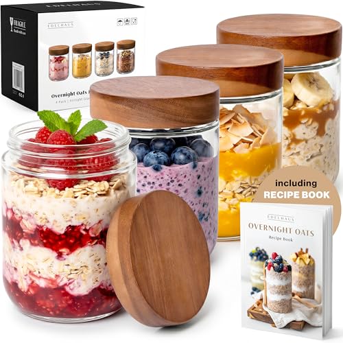 Overnight Oats Containers with Lids - Glass Mason Jars, Meal Prep | Acacia Wood, Airtight Silicone Seal Set of 4 - Stackable for Chia Pudding, Yogurt, Cereal, Oatmeal, Salad, Pantry Storage - color: 4 pack - Acacia no Spoon
