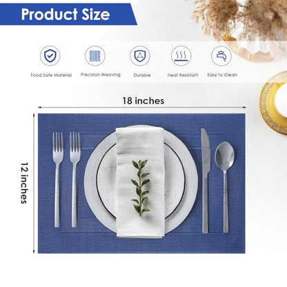 Blue Placemats Set of 6 Resistant Wipeable Washable Indoor/Outdoor Place Mats Non-Slip Easy to Clean Durable Kitchen PVC Table Mats Set of 6 for Dining Table, Patio Table, 12"x18" - color: Blue