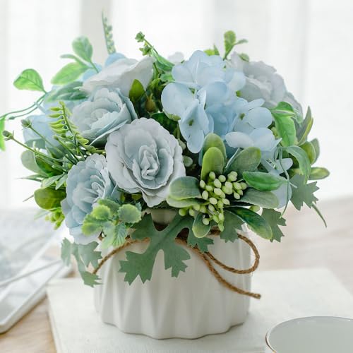 TKAS Fake Flowers Arrangement in Ceramic Vase, Artificial Faux Silk Roses & Hydrangea, Small Realistic Dried-Style Floral Centerpiece for Dining Table, Wedding Party Home Decoration (Blue) - color: Blue