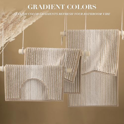 Bathroom Rugs Sets 3 Piece, Toilet Rugs U-Shaped Contour Bath Mat Set, Long Striped Absorbent Non Slip Chenille Shower Mat, Beige - color: Beige, size: 20"x47"+16"x24"+ U Shape 20"x24"