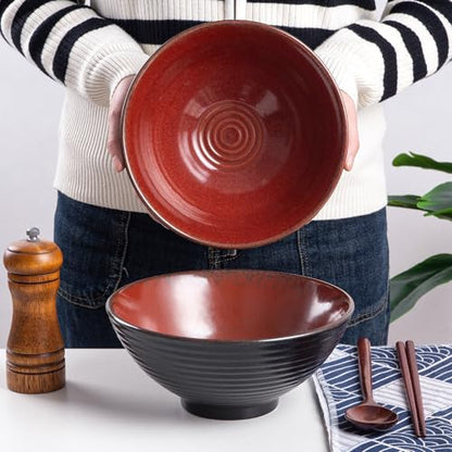 Ceramic Japanese Ramen Bowl Set, 2 Sets Asian Pho Udon Soup Noodle Bowls with Spoons and Chopsticks (Red, 8 inches) - color: Red
