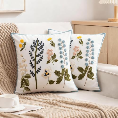 Embroidered Cotton Spring Summer Pillow Covers, 18x18 inch Decorative Pillow Covers, Cute Countryside Style Comfortable Couch Pillow Covers, Suitable for Living Room, Flower Style (2 pcs floral) - color: 2 Pcs Floral