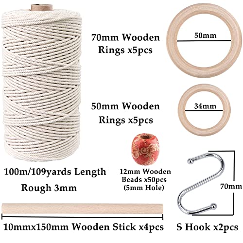 119pcs Macrame Kits for Starter 3mm x 109Yards Natural Cotton Macrame Cord with 100pcs Wooden Beads,10pcs Wooden Rings,Wooden Sticks,Metal Rings,S Hooks Macrame Supplies for Plant Hangers - size: 3mm x 109yards set-119pcs