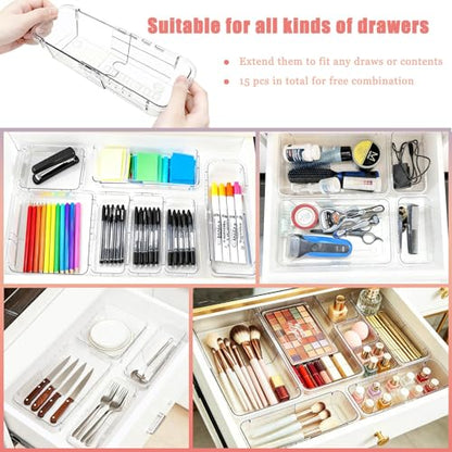 15 Pcs Extendable Drawer Organizer Tray, Adjustable Drawer Storage Bin | 2-size Clear Acrylic Bathroom & Vanity Drawer Organizers for Makeup Cosmetic Kitchen Utensils, Dresser Desk Drawer Storage