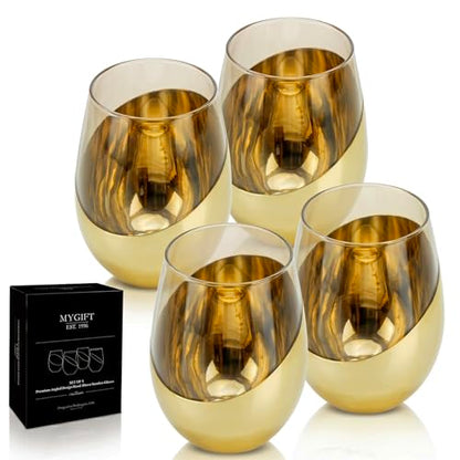 MyGift 18 oz Amber Brown Stemless Wine Glasses, Brass Accent, Set of 4 | Angled brass accents and amber glass create a retro-inspired look for cocktails, wine, dinners, and special occasions - color: Amber / Gold-4