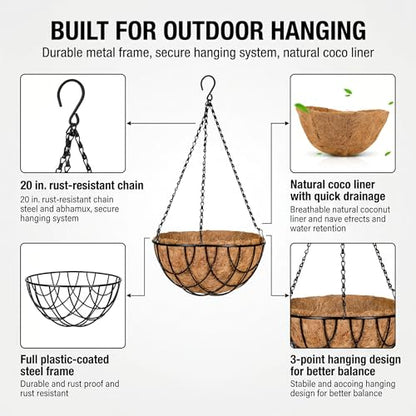 Kingbuy 12 Inch Metal Hanging Planter Basket 2 Pack - with Coconut Fiber Liners, Rustproof 3-Chain System, Quick Drainage for Indoor/Outdoor Window Balcony Patio, Weather-Resistant Coating - size: 12 Inch, style: Grid