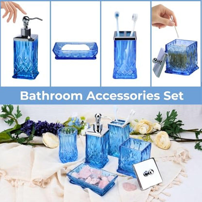 Blue Bathroom Accessories, Square Thick Glass & Metal Pump | Beautiful & weight, 5 pcs soap dispenser, toothbrush holder, soap dish, tumbler & jar, for mission/amish style - style: Square(Blue)
