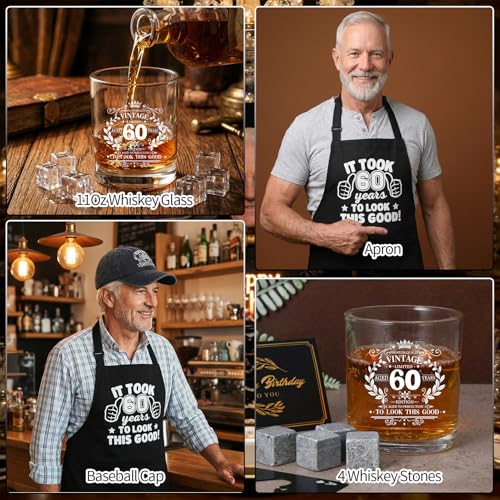 60th Birthday Gifts for Men 60th Birthday Party Supplies | Include 11 Oz Glass Stone Ice Tong Bottle Opener Cap Apron Socks Keychain Greeting Card for Him, Dad, Husband, Friends - style: 60th