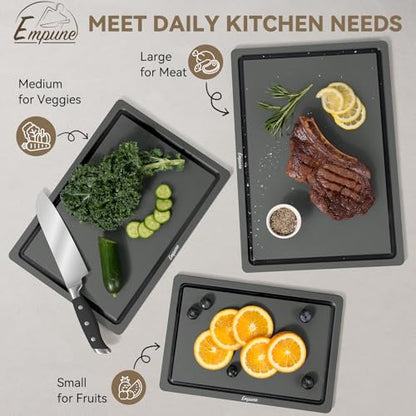 Empune 3-Piece Plastic Cutting Boards for Kitchen - Thick & Non-Slip Chopping Board Set with Juice Grooves, Dishwasher Safe, BPA Free, Includes Large & Small Sizes, Gray - color: Gray