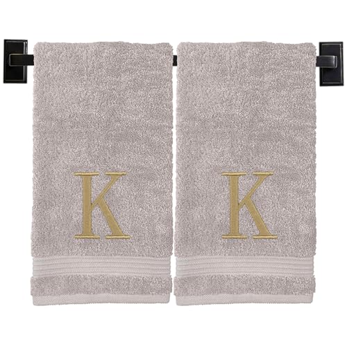 Beige Hand Towels for Bathroom with Monogram | Luxury Cotton Turkish Towels | Embroidered in USA | Set of 2 | Choose Set Color and Letter | A - Z | Modern Font - color: Beige