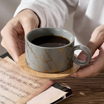 LUKA 6 Ounce Porcelain Stackable Espresso Cups with Saucers and Metal Stand Set of 4, Ceramic Cappuccino Cups Set for Specialty Coffee Drinks, Latte, Cafe Mocha and Tea, Gray - color: Gray