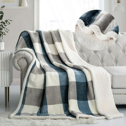 PU MEI Sherpa Fleece Throw Blanket 60" x 80" Reversible Plush Fluffy Large Big Blanket Lattice Flannel Blankets for Sofa Couch Bed (Grey-Soft Blue, 60"*80") - color: Grey-blue, size: 60"*80"