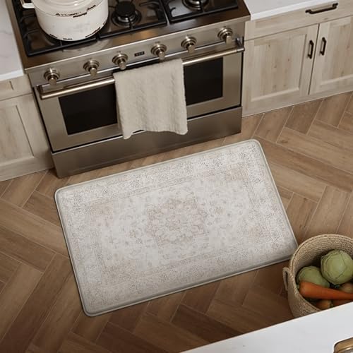 Kitchen Mats for Floor Anti Fatigue Cushioned Beige Vintage Kitchen Mats Waterproof Non Slip Comfort Standing Oriental Medallion Rug for Sink Laundry Office Bathroom 17.3"x30" - color: Distressed | Beige, size: 17.3"x30"--0.4inch