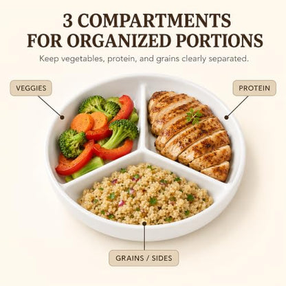Portion Control Plate, 1 Count, 7-Inch Ceramic, White | 1 Plate with 3 Compartments for Small Meals, Microwave & Dishwasher Safe