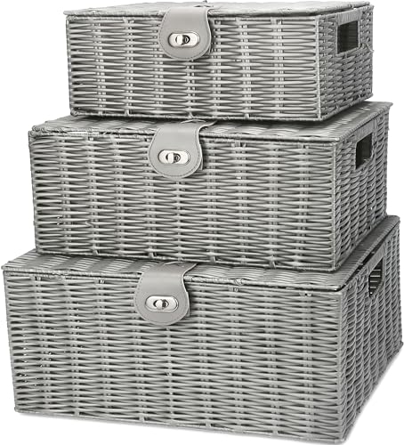 Honygebia Grey Wicker Storage Baskets - Set of 3 Decorative Nesting Boxes with Lids, Woven Basket with Lock & Handle, Organizer for Beauty Makeup Bathroom Decor - color: Grey