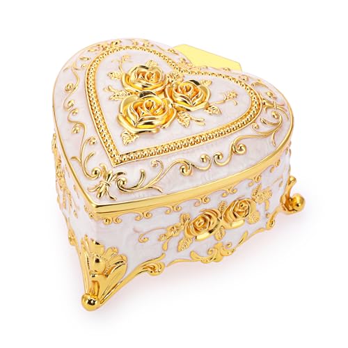 Hipiwe Vintage Ring Holder Case Heart Shape Metal Jewelry Box Engraved Rose | Small Trinket Organizer Jewelry Storage Box for Ring Earrings Necklace, Gift for Women - color: Beige