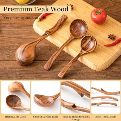 Gudamaye 3 Size Wooden Soup Ladles Set,3 Hooks for Bowl,Pot. Natural Teak Wooden Ladle,10.6 inch Big Soup Ladle, 9 inch Serving Spoon & 8 inch Wood Ladles for Cooking,Teak Deep Ladle Spoons - style: 3 PCS Teak Ladle