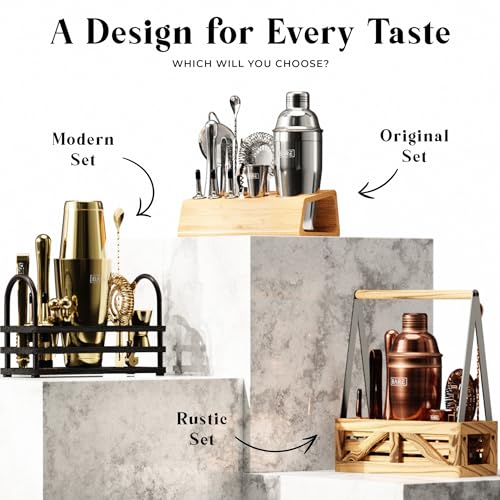 BARE BARREL® Mixology Bartender Kit Bar Set | 14-Piece Cocktail Shaker Set | Martini Barware Mixing Tools for Home Bartending | Incl. 35 Recipe Cards | Gift Set (28oz Boston Shaker, Brass/Black) - color: Brass/Black