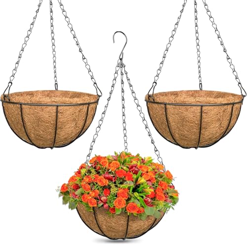 3 Pack 12 Inch Outdoor Hanging Baskets, Metal Wire Hanging Planters with Coconut Liners, Round Hanging Baskets for Plants Flowers Ferns Home Garden Porch Balcony Railings Decor - color: 3 Pack, size: 12 Inch