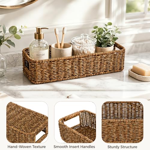 ZAVOOS 2 Pack Toilet Tank Basket with Handwoven Built-in Handle | Rectangular Wicker Shelf Baskets for Organizing, Countertop Storage Bin for Bathroom Tank Top, Bedroom Closet