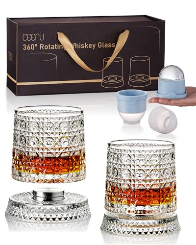 CEEFU 360° Spinning Whiskey Glasses Set with Gift Box, Set of 2 | Old Fashioned with Rotating Base - 2 Big Ice Ball Molds - Bourbon, Cocktail, Rocks, Bday Gifts Ideas for Men, Gem Pattern - size: 9.5 oz-Gemstone Pattern