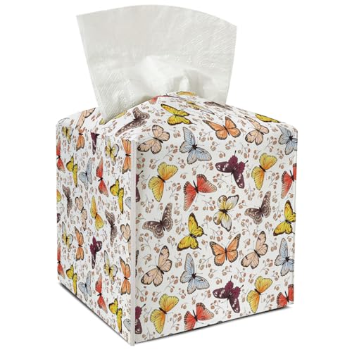 Butterfly Leather Tissue Holder with Bottom Belt Ideal for Women Housewarming Gift Colored Tissue Box Cover Bathroom Car Nightstand Vanity Kitchen Decor Waterproof Napkin Organizer Dispenser - FS725 - color: Colored
