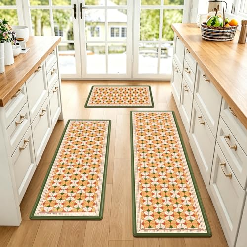 Vintage Geometric Kitchen Rug Sets of 3, Non-Slip Anti-Fatigue Floor Mats | Thick Soft Comfort Cushioned Decor Runner Rug,PVC Waterproof Easy Clean Standing Mat for Indoor Sink Laundry Bedroom Bathroom - color: Autumn Orange Fan, size: 18"x30"+18"x48"+18"