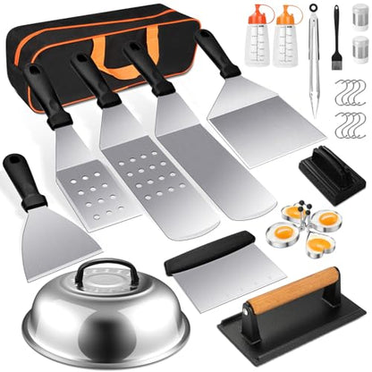 Terlulu Griddle Accessories Kit, 28 PCS Flat Top Grill Accessories for Blackstone and Camp Chef, Metal Spatula Set with Burger Press, Melting Dome, Tongs, Scraper, Carry Bag for Outdoor Grilling BBQ - style: with Rectangular Burger Press
