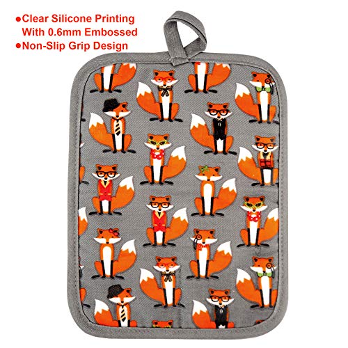 Pot Holders Set of 2,Non Slip Clear Silicone Printed Potholdes | Resistant 480 ℉,Comfortable Cotton Lining Kitchen Women Men Cooking Baking Microwave (Fox, Gray Potholders) - color: Fox, Gray Potholders
