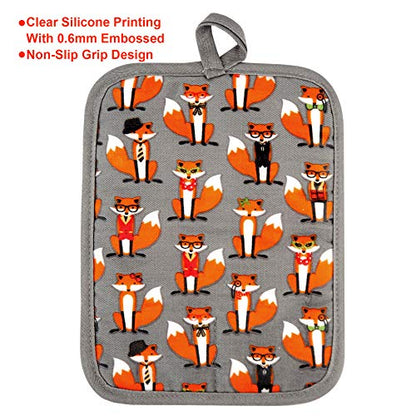 Pot Holders Set of 2,Non Slip Clear Silicone Printed Potholdes | Resistant 480 ℉,Comfortable Cotton Lining Kitchen Women Men Cooking Baking Microwave (Fox, Gray Potholders) - color: Fox, Gray Potholders