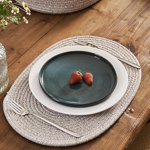 Oval Cotton Rope Placemats Set of 6 with Holder, Warm Taupe | 16 x 12 inch, machine washable, beige & deep brown woven blend, everyday heat protection - color: Taupe Mix, size: 16*12