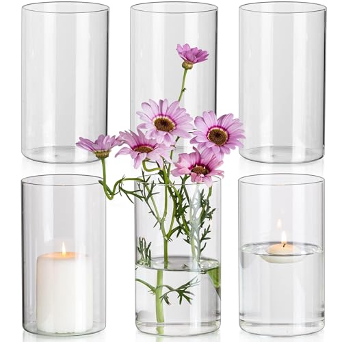 Glasseam Cylinder Vases for Centerpieces, 6Pcs Clear Glass Vase for Flowers | Hurricane Pillar, Floating Candle Holder, Modern, Small Home Decorations, Table Centerpieces, Wedding, Party, 6In - size: 6In