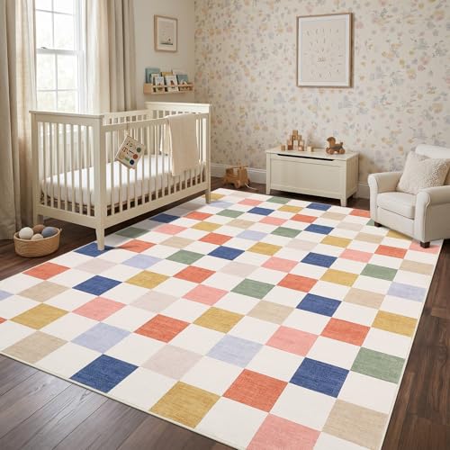 GarveeHome Checkered Colorful 3x5 Washable Kids Rug for Play Room Nursery | Rainbow Area Rug for Classroom Bathroom Bedroom Boys Room Stain Resistant Low-Pile Non-Slip Soft Rugs TPE Backing - color: Colorful, size: 3' x 5' (Rectangular)