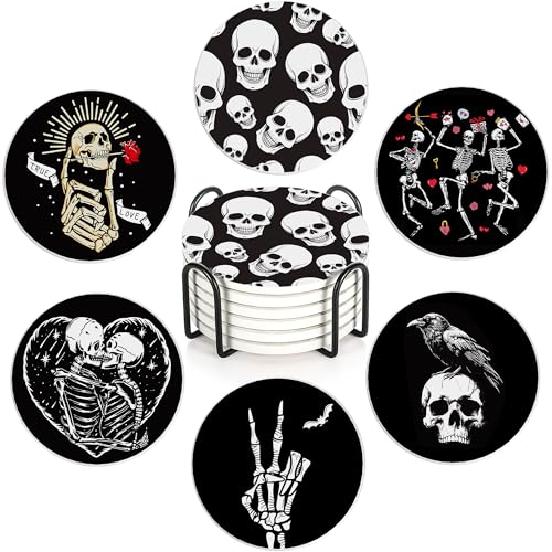 Coaster for Drinks Set of 6, Skeleton Skull Absorbing Round Ceramic Stone Coaster with Cork Base,Tabletop Protection Mat for Mugs and Cups,Coffee Table Wine Glass Home Bar 4 Inch - color: Skeleton Skull