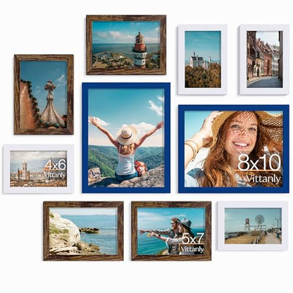 Vittanly 10 Pack Gallery Wall Frame Set, Blue, Brown, White | Gallery Wall Frame Set: 2pcs 8x10, 4pcs 5x7 & 4pcs 4x6 Photos for Wall & Table, Picture Frames made of Engineered Wood - color: Blue & Brown & White