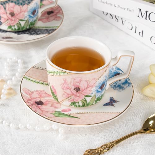 KAMMAK Tea Cups and Saucers Set of 2, Porcelain Coffee Cups, NX045 | Gold Rim, Stackable Espresso Mugs, Ceramic Demitasse for Coffee, Latte, Americano, Afternoon Tea, Elegant Gift for Women - size: 8CZNX045+46