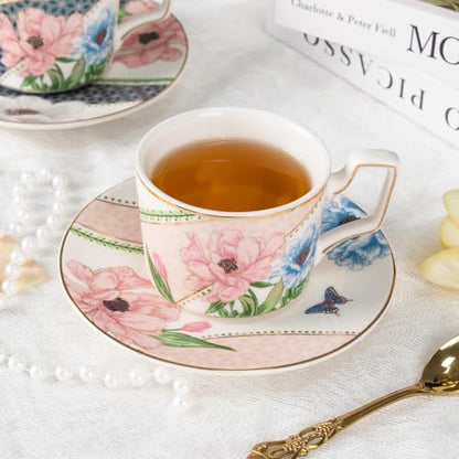 KAMMAK Tea Cups and Saucers Set of 2, Porcelain Coffee Cups, NX045 | Gold Rim, Stackable Espresso Mugs, Ceramic Demitasse for Coffee, Latte, Americano, Afternoon Tea, Elegant Gift for Women - size: 8CZNX045+46