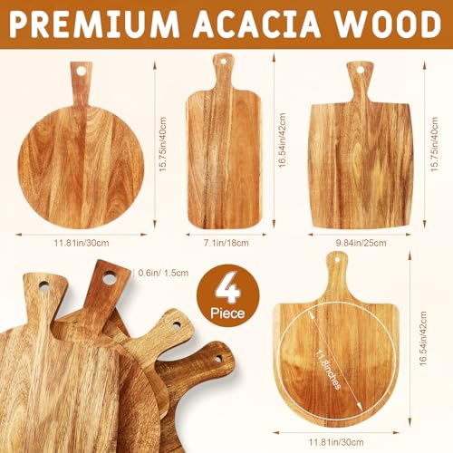 SiliFine Set of 4 Thick Acacia Wood Cutting Boards with Handles, Assorted Sizes Large Charcuterie Boards, Butcher Block Serving Tray for Cheese, Meat, Pizza, Vegetables, Bread (Medium) - style: Classic