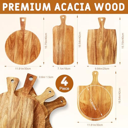 SiliFine Set of 4 Thick Acacia Wood Cutting Boards with Handles, Assorted Sizes Large Charcuterie Boards, Butcher Block Serving Tray for Cheese, Meat, Pizza, Vegetables, Bread (Medium) - style: Classic