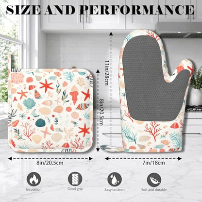 Cartoon Starfish and Shells Oven Mitts and Pot Holders Sets Silicone Kitchen Mitts Potholders Heat Resistant Oven Gloves Hot Pads for Kitchen Baking Cooking BBQ - color: Cartoon Starfish and Shells