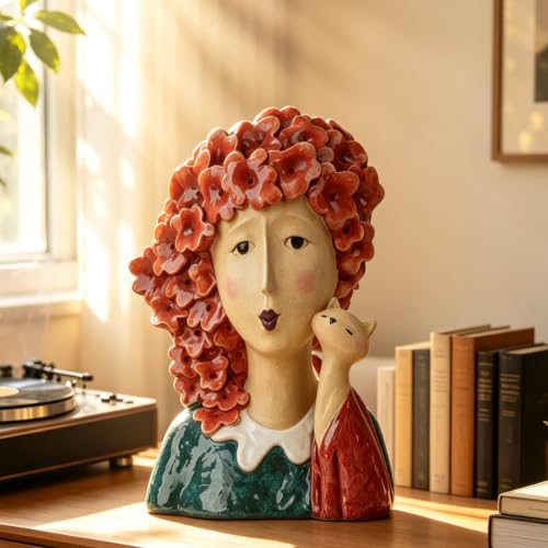 DiliComing Women-Head Statues for Home Decor 13 Inch Garden Statue | Modern Art Statue, Resin Cat Sculptures, For Coffee Tabletop Bedroom Office, Garden Gift - color: Women & Cat Red
