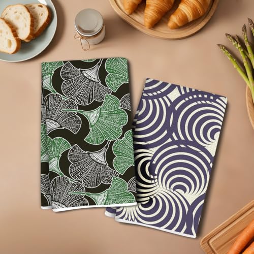 2 Pcs Ginkgo Kitchen Towels 14x24 Inch, Ginkgo Leaf Absorbent Microfiber Decorative Dish Cloth Tea Towel, Waffle Hand Towels for Home Kitchen Bathroom, Housewarming Gifts for Women Friend - color: Lcs Multicolor 02575