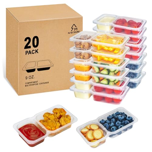 Reusable Snack Containers with Lids, 9 oz Double Compartment Plastic Snack Pack Containers Portion Control Meal Prep Snack Boxes BPA Free 20 Sets for Work Travel School