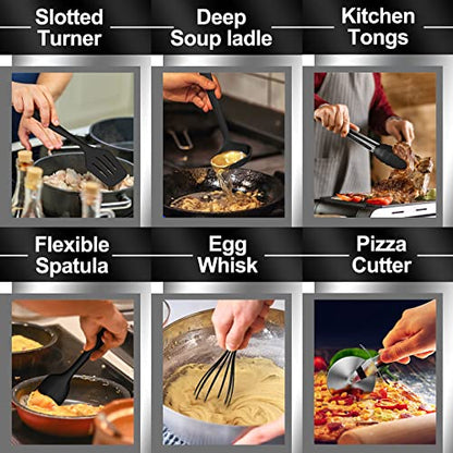 43 Pcs AIKKIL Kitchen Utensils Set, Heat Resistant Silicone Cooking Kitchen Utensils Set with Holder, Spoon, Spatula, Kitchen Gadgets Tools Set For Nonstick Cookware, Dishwasher(BPA Free, Black) - color: Black